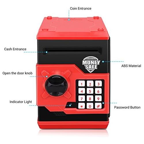  [아마존베스트]Zonkin Cartoon Electronic ATM Password Piggy Bank Cash Coin Can Auto Scroll Paper Money Saving Box Gift for Kids (Black red)