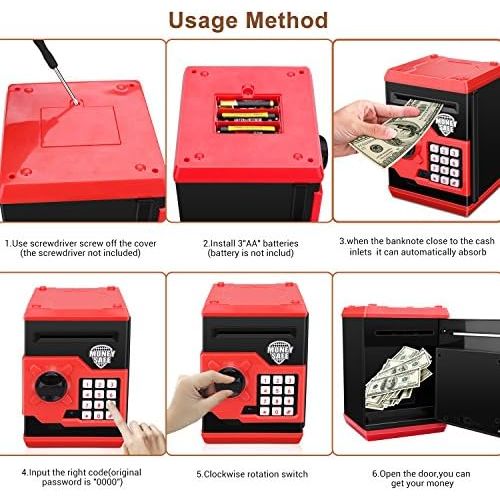  [아마존베스트]Zonkin Cartoon Electronic ATM Password Piggy Bank Cash Coin Can Auto Scroll Paper Money Saving Box Gift for Kids (Black red)