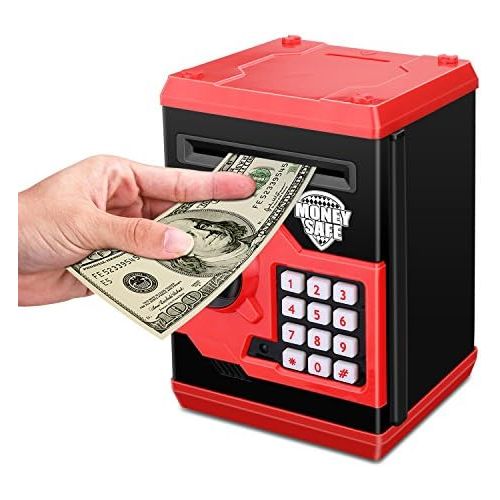  [아마존베스트]Zonkin Cartoon Electronic ATM Password Piggy Bank Cash Coin Can Auto Scroll Paper Money Saving Box Gift for Kids (Black red)