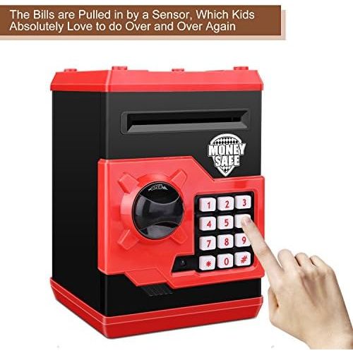  [아마존베스트]Zonkin Cartoon Electronic ATM Password Piggy Bank Cash Coin Can Auto Scroll Paper Money Saving Box Gift for Kids (Black red)