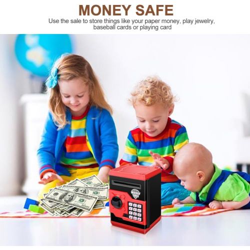  [아마존베스트]Zonkin Cartoon Electronic ATM Password Piggy Bank Cash Coin Can Auto Scroll Paper Money Saving Box Gift for Kids (Black red)