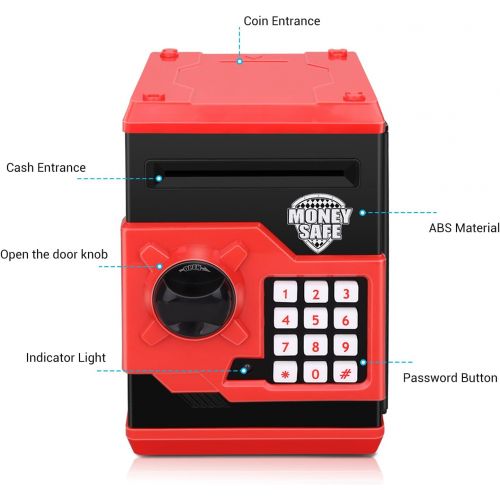  [아마존베스트]Zonkin Cartoon Electronic ATM Password Piggy Bank Cash Coin Can Auto Scroll Paper Money Saving Box Gift for Kids (Black red)