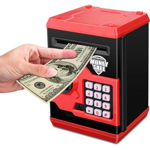  [아마존베스트]Zonkin Cartoon Electronic ATM Password Piggy Bank Cash Coin Can Auto Scroll Paper Money Saving Box Gift for Kids (Black red)