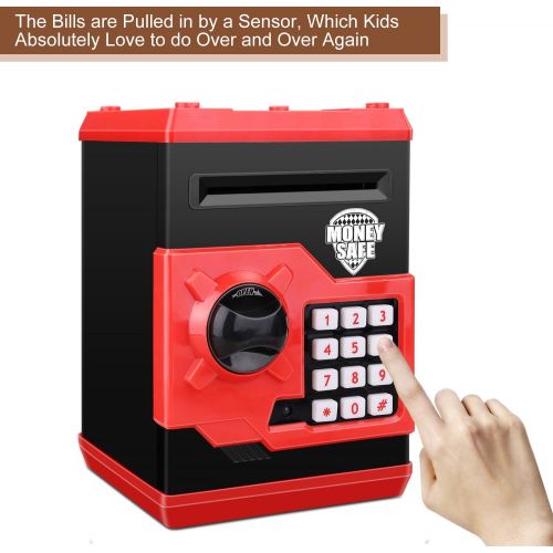  [아마존베스트]Zonkin Cartoon Electronic ATM Password Piggy Bank Cash Coin Can Auto Scroll Paper Money Saving Box Gift for Kids (Black red)