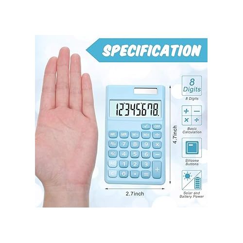  2 Pieces Basic Standard Calculators Mini Digital Desktop Calculator with 8-Digit LCD Display, Battery Solar Power Smart Calculator Pocket Size for Home School for Kids (Blue, Pink)