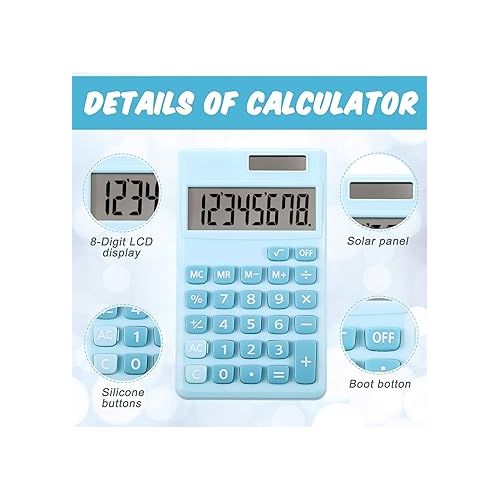  2 Pieces Basic Standard Calculators Mini Digital Desktop Calculator with 8-Digit LCD Display, Battery Solar Power Smart Calculator Pocket Size for Home School for Kids (Blue, Pink)