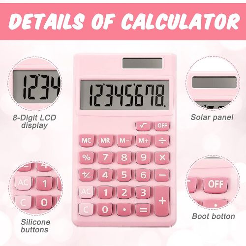  Zonon 2 Pieces Basic Standard Calculators Mini Digital Desktop Calculator with 8-Digit LCD Display, Battery Solar Power Smart Calculator Pocket Size for Home School for Kids (Pink)