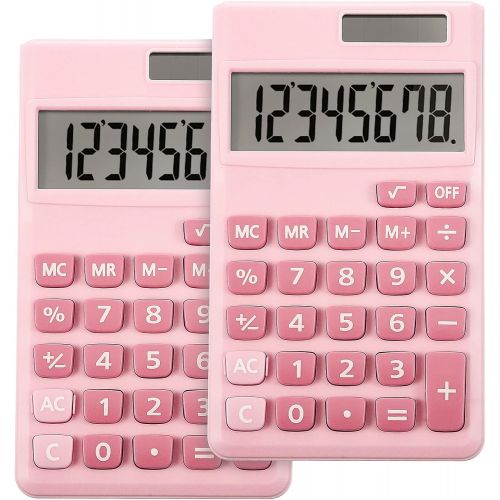  Zonon 2 Pieces Basic Standard Calculators Mini Digital Desktop Calculator with 8-Digit LCD Display, Battery Solar Power Smart Calculator Pocket Size for Home School for Kids (Pink)