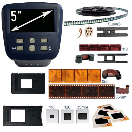  zonoz FS-Five Digital Film & Slide Scanner - Converts 35mm, 126, 110, Super 8 & 8mm Film Negatives & Slides to JPEG - Includes Large Bright 5-Inch LCD, Easy-Load Film Inserts Adapt