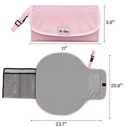  Zooawa Baby Portable Diaper Changing Pad, Lightweight Waterproof Travel Diaper Clutch, Diaper Changing Mat Station with Mesh Pockets and Padded Head Rest, Pink