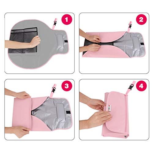  Zooawa Baby Portable Diaper Changing Pad, Lightweight Waterproof Travel Diaper Clutch, Diaper Changing Mat Station with Mesh Pockets and Padded Head Rest, Pink