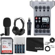 Zoom PodTrak P4 Portable Multitrack Podcast Recorder + Zoom M-1 Mic + Headphones + Windscreen + XLR Cable + Tabletop Stand + 32GB Memory Card + 4 AA Batteries and Charger + Cloth - Top Value Bundle