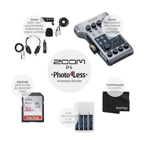  Zoom PodTrak P4 Portable Multitrack Podcast Recorder + Zoom M-1 Mic + Headphones + Windscreen + XLR Cable + Tabletop Stand + 32GB Memory Card + 4 AA Batteries and Charger + Cloth - Top Value Bundle