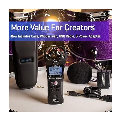  Zoom H1n Handy Recorder (Old Model, H1n-VP) Portable Recorder, Onboard Stereo Microphones, Camera Mountable, Records to SD Card, USB Microphone, with Case, USB Cable, Windscreen, & Power Adapter