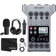 Zoom PodTrak P4 Portable Multitrack Podcast Recorder + Zoom M-1 Mic + Headphones + Windscreens + XLR Cable + Tabletop Stand + Cloth - 1 Person Podcasting Mic Pack Bundle
