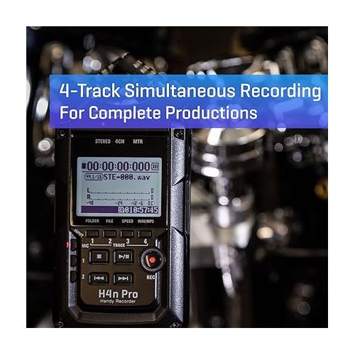  Zoom H4n Pro 4-Track Portable Recorder, All Black, Stereo Microphones, 2 XLR/ ¼“ Combo Inputs, Battery Powered, for Stereo/Multitrack Recording of Music, Audio for Video, and Podcasting