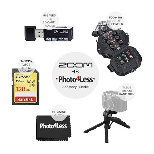  Zoom H8 8-Input / 12-Track Portable Handy Recorder For Podcasting, Music, Field Recording + 128GB Memory Card + SD Card Reader + Table Tripod Hand Grip - Top Value Accessory Bundle