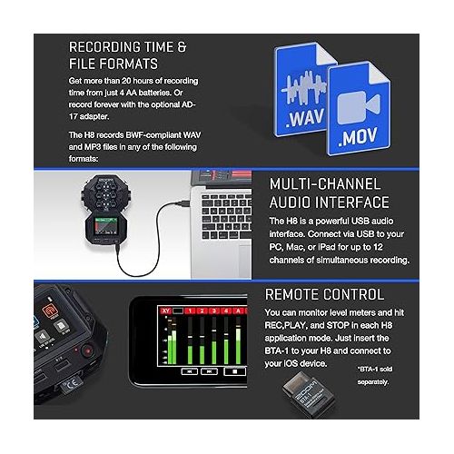  Zoom H8 8-Input / 12-Track Portable Handy Recorder For Podcasting, Music, Field Recording + 128GB Memory Card + SD Card Reader + Table Tripod Hand Grip - Top Value Accessory Bundle