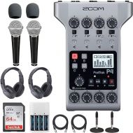 Zoom PodTrak P4 Portable Multitrack Podcast Recorder + 64GB SDXC Memory Card + 2x Dynamic Cardioid Handheld Mic + 2x Stereo Headphones + 2x Foam Windscreens + 2x Desk Mic Stand + Batteries & Charger