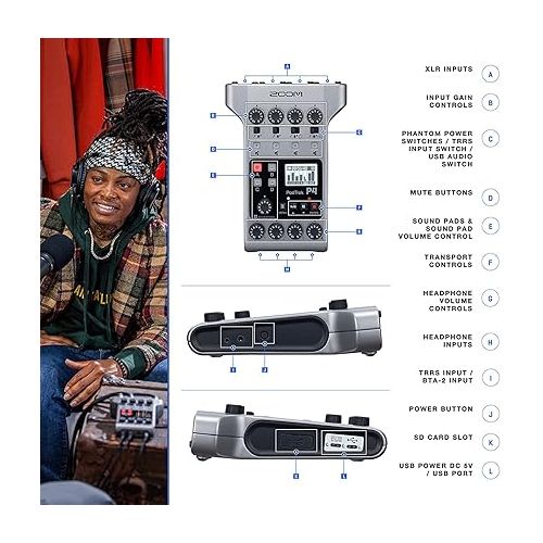  Zoom PodTrak P4 Portable Multitrack Podcast Recorder + 64GB SDXC Memory Card + 2x Dynamic Cardioid Handheld Mic + 2x Stereo Headphones + 2x Foam Windscreens + 2x Desk Mic Stand + Batteries & Charger