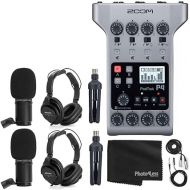 Zoom PodTrak P4 Portable Multitrack Podcast Recorder + 2x Zoom M-1 Mic + 2x Headphones + Windscreens + XLR Cables + 2x Tabletop Stand + Cloth - 2 Person Podcasting Mic Pack Bundle