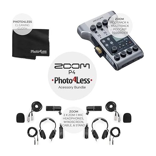  Zoom PodTrak P4 Portable Multitrack Podcast Recorder + 2x Zoom M-1 Mic + 2x Headphones + Windscreens + XLR Cables + 2x Tabletop Stand + Cloth - 2 Person Podcasting Mic Pack Bundle