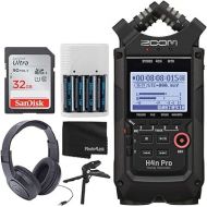 Zoom H4n Pro 4-Input/4-Track Portable Handy Recorder with Onboard X/Y Mic Capsule (Black) + Over-Ear Stereo Headphones + 32GB Memory Card + Table Tripod Hand Grip + 4 AA Batteries and Charger