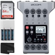 Zoom PodTrak P4 Portable Multitrack Podcast Recorder + 64GB Ultra SDXC Memory Card + 4X AA Batteries & Charger + Cleaning Cloth - Ultimate Podcasting Bundle