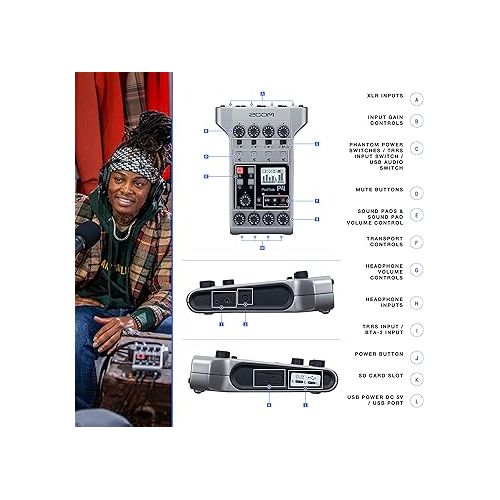  Zoom PodTrak P4 Portable Multitrack Podcast Recorder + 64GB Ultra SDXC Memory Card + 4X AA Batteries & Charger + Cleaning Cloth - Ultimate Podcasting Bundle