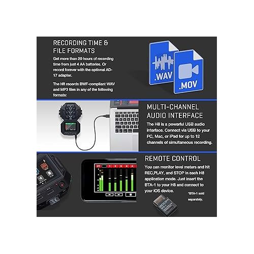  Zoom H8 8-Input / 12-Track Portable Handy Recorder for Podcasting, Music, Field Recording Bundle with 2X Zoom ZDM-1 Podcast Mic + 2X Headphones + 2X Windscreens + 2X Tabletop Stands + More (4 Items)