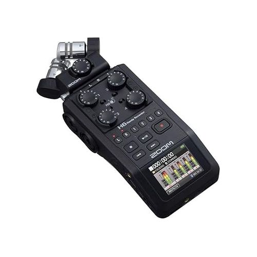  Zoom H6 All Black Six Track Portable Recorder Podcasting Bundle with Zoom Dynamic Mic, Headphones, Accessories (4 Items)