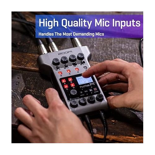  Zoom PodTrak P4 Podcast Recorder, Battery Powered, 4 Microphone Inputs, 4 Headphone Outputs, Phone and USB Input for Remote Interviews, Sound Pads, 2-In/2-Out Audio Interface