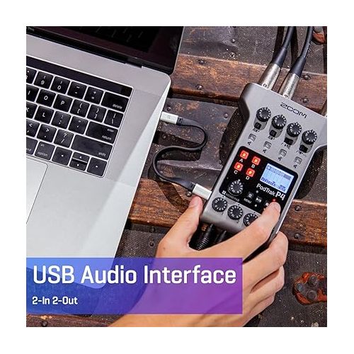  Zoom PodTrak P4 Podcast Recorder, Battery Powered, 4 Microphone Inputs, 4 Headphone Outputs, Phone and USB Input for Remote Interviews, Sound Pads, 2-In/2-Out Audio Interface