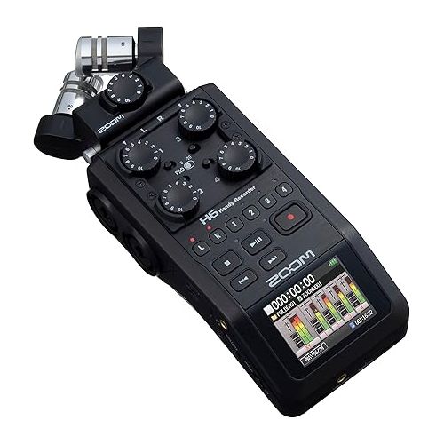  Zoom H6 All Black 6-Track Portable Recorder, Stereo Microphones, 4 XLR/TRS Inputs, Records to SD Card, USB Audio Interface, Battery Powered, Podcasting and Music