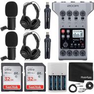 Zoom PodTrak P4 Portable Multitrack Podcast Recorder + 2x Zoom M-1 Mic + 2x Headphones + Windscreen + XLR Cable + Tabletop Stand + 2x 32GB Memory Card + 4 AA Batteries and Charger + Cloth - Top Bundle