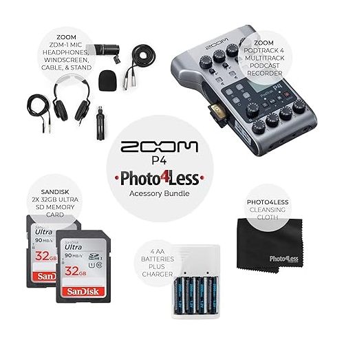  Zoom PodTrak P4 Portable Multitrack Podcast Recorder + 2x Zoom M-1 Mic + 2x Headphones + Windscreen + XLR Cable + Tabletop Stand + 2x 32GB Memory Card + 4 AA Batteries and Charger + Cloth - Top Bundle