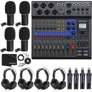 Zoom LiveTrak L-8 Portable 8-Channel Digital Mixer and Multitrack Recorder Bundle with 4x Zoom ZDM-1 Mic with Headphones, Windscreens and Stands + Cleaning Cloth - 4 Person Podcasting Bundle