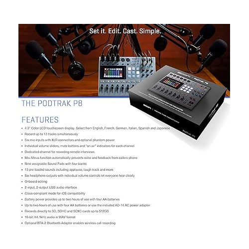  Zoom PodTrak P8 Multitrack Podcast Recorder + 2x Zoom ZDM-1 Podcast Mic + Zoom BTA-2 Bluetooth Adapter + 2x Headphones + 2x Windscreen + XLR Cable - Top Value Bundle