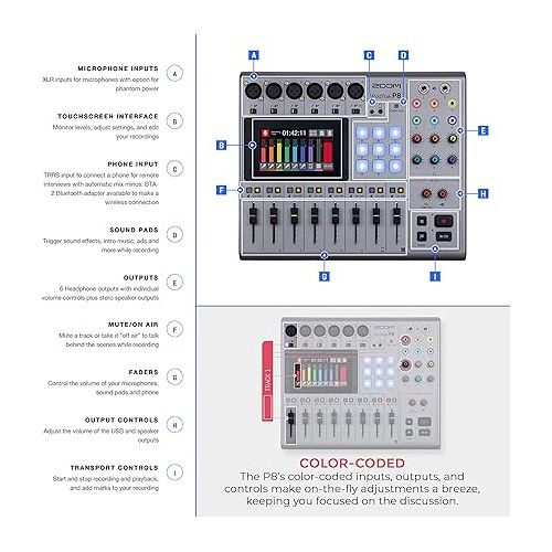  Zoom PodTrak P8 Multitrack Podcast Recorder + 2x Zoom ZDM-1 Podcast Mic + Zoom BTA-2 Bluetooth Adapter + 2x Headphones + 2x Windscreen + XLR Cable - Top Value Bundle