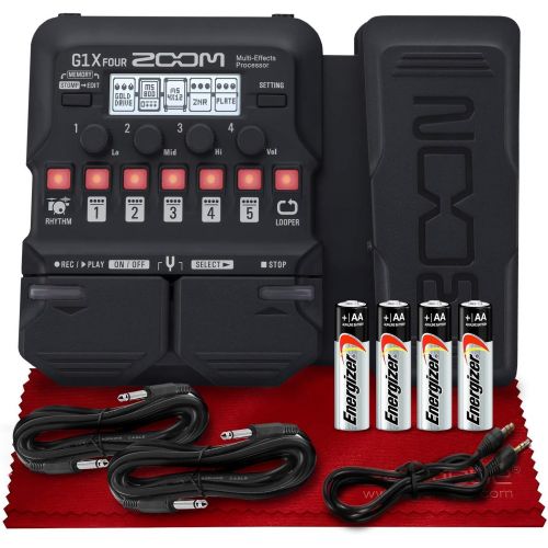  Zoom G1X Four Guitar Multi-Effects Processor with Built-In Expression Pedal + Duracell Energizer AA Batteries, Cables and Fibertique Microfiber Cleaning Cloth