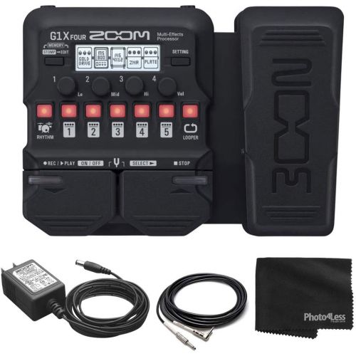  Zoom G1X Four Guitar Effects Processor with Built-In Expression Pedal + Zoom AD-16 9V AC adapter + Guitar Instrument Cable w Right Angle Plug + Photo4Less Cleaning Cloth - Deluxe B