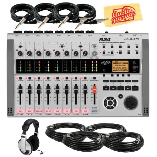  Zoom R24 Multitrack Recorder, Interface, Controller, and Sampler Bundle with 4 Instrument Cables, 4 XLR Cables, Headphones, and Austin Bazaar Polishing Cloth