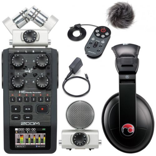  Zoom H6 Six-Track Portable Recorder w Accessory Pack & Resident Audio R100 Headphones - Bundle