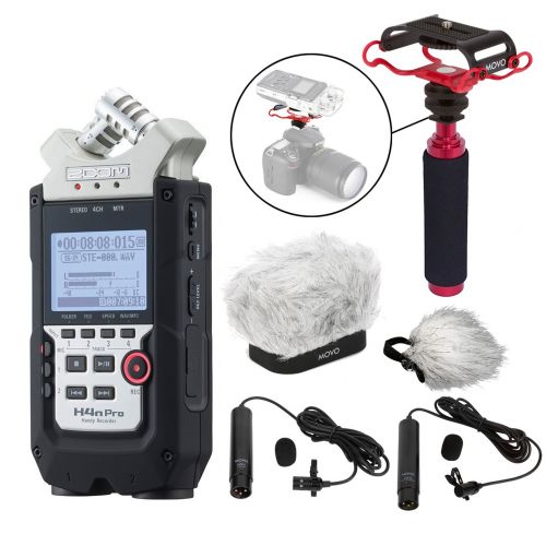  Movo Zoom H4n PRO 4-Channel Handy Recorder ULTIMATE Bundle with Premium Omni & Cardioid XLR Lavalier Microphones, Fitted Dual Layer Recorder Windscreen, Shockmount, Camera Mount, Mic Gr
