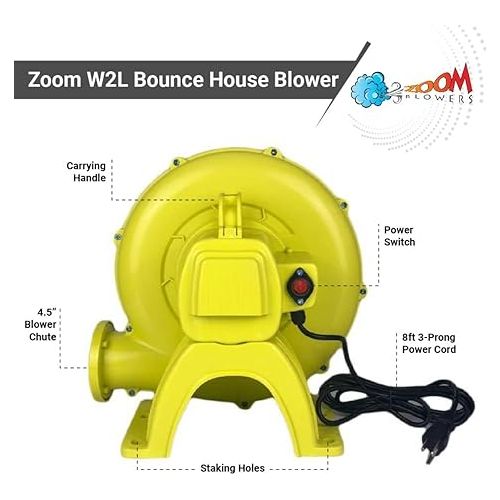  Zoom Blowers Portable Air Pump for Inflatables - Energy Efficient High Power Compact Residential Air Blower for Bounce Houses, Slide Combos, Water Slides and Obstacle Course for Kids