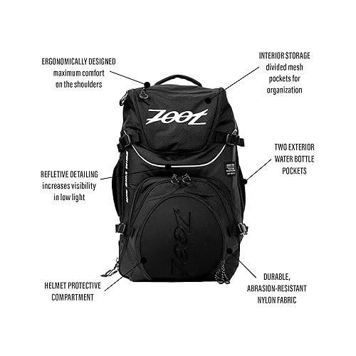  Zoot Ultra Tri Bag, Triathlon Transition Backpack with Wet Storage for Men & Women Athletes, Race Day, Travel & Train, Black