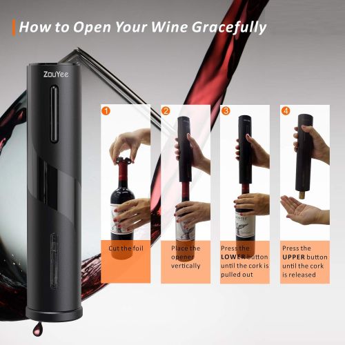  [아마존베스트]ZouYee Electric Wine Opener, Automatic Electric Corkscrew Wine Bottle Opener Set contains Foil Cutter, Vacuum Stopper with Time mark and Wine Aerator Pourer for Dating, Party and W