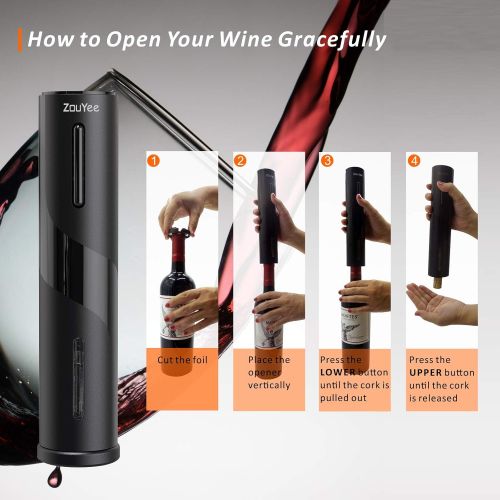  [아마존베스트]ZouYee Electric Wine Opener, Automatic Electric Corkscrew Wine Bottle Opener Set contains Foil Cutter, Vacuum Stopper with Time Mark and Wine Aerator Pourer for Wine Lover (4-in-1