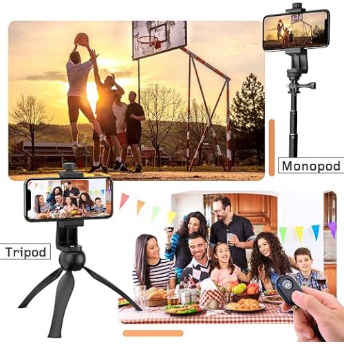  Universal Phone Tripod Mount Adapter with Ｗireless Camera Remote, Cell Phone Holder with Adjustable Clamp for Selfie Stick Monopod Compatible with iPhone, Samsung and so on, Wrist Strap Included