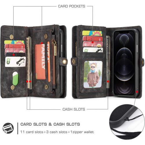  [아마존베스트]Zttopo Wallet case Compatible with iPhone 12 Pro Max, 2 in 1 Leather Zipper Detachable Magnetic 11 Card Slots Card Slots Money Pocket Cover with Screen Protector Case Wallet 6.7 In